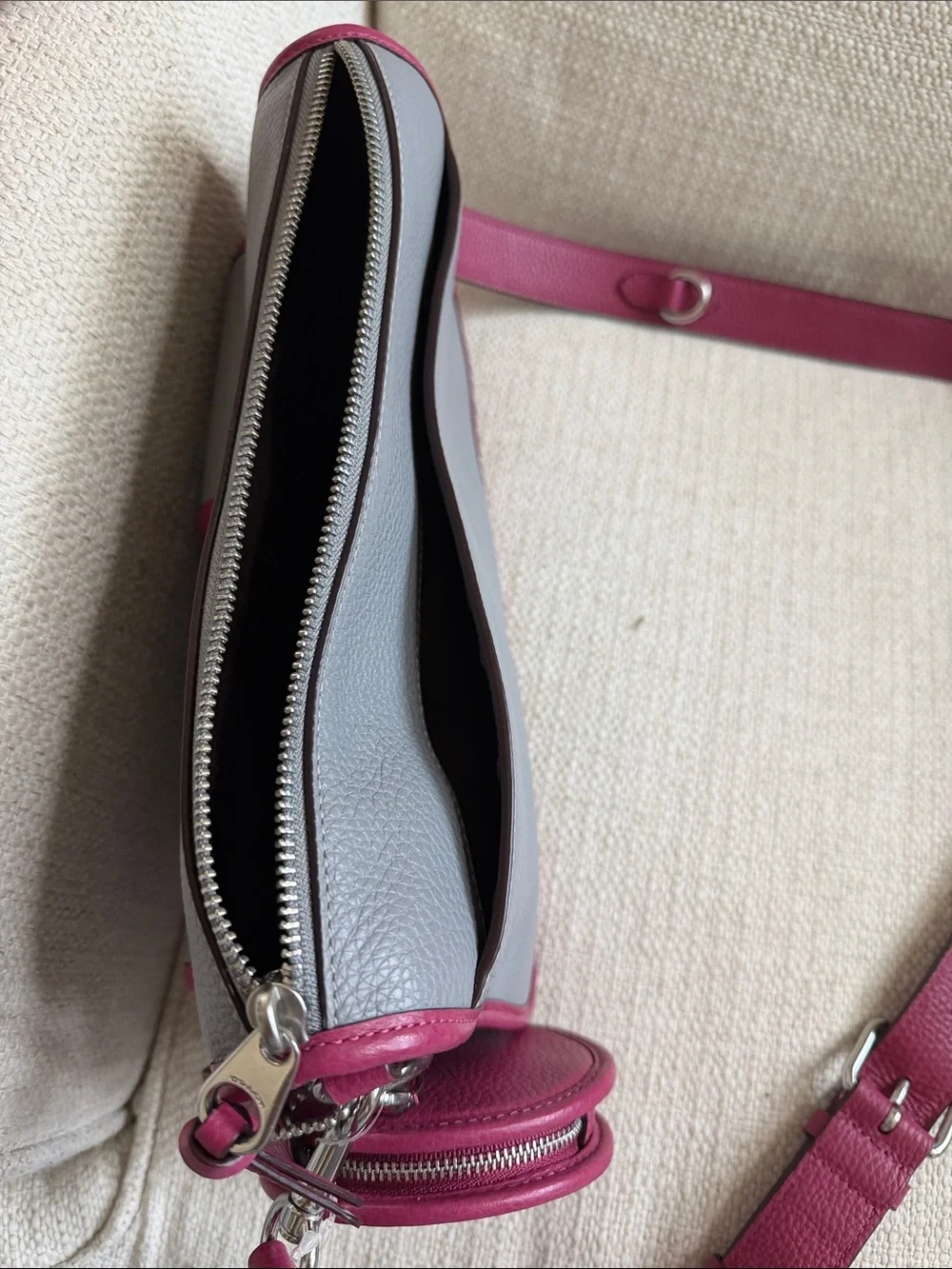 Coach Gray Pebbled Leather Crossbody with Magenta Trim